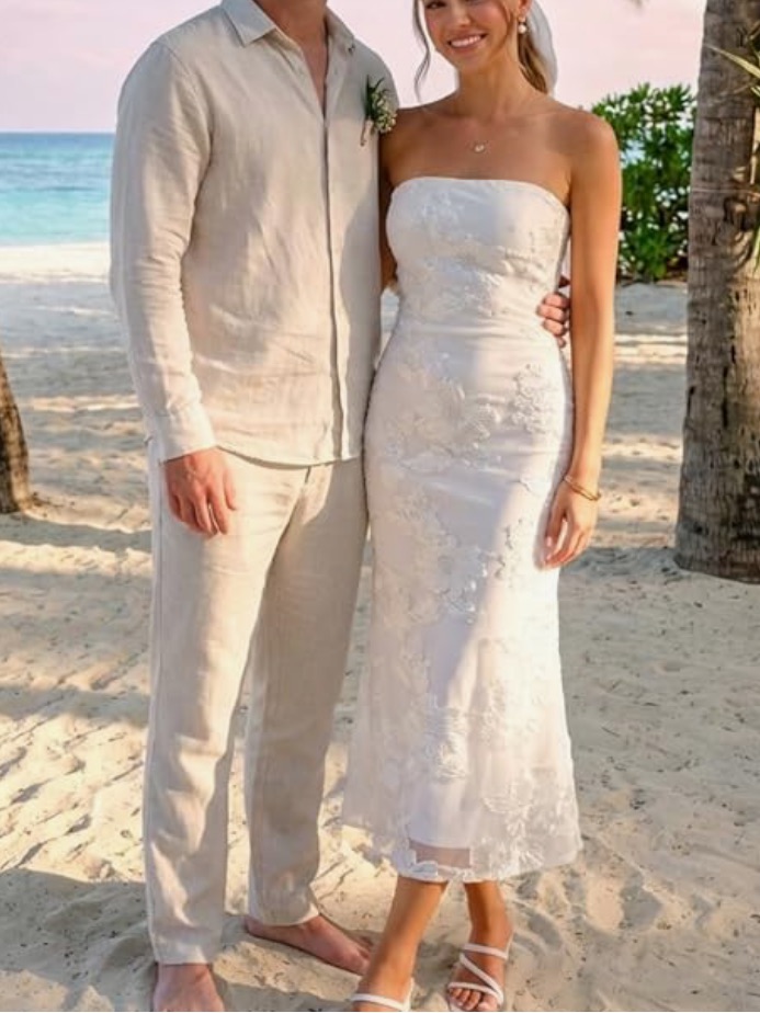 White Strapless Lace Beach Wedding Dress Midi Bridal Shower Dress